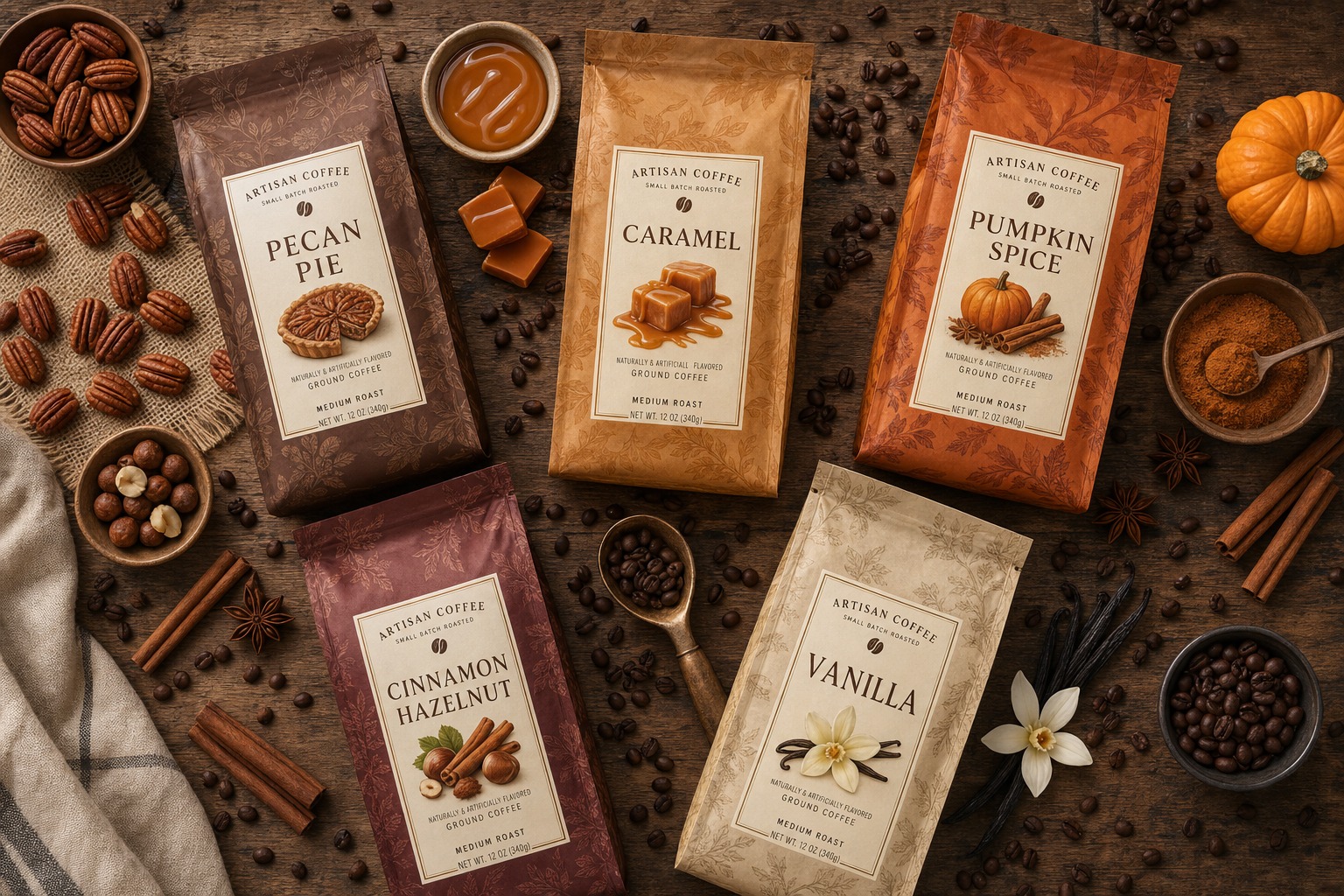 Assortment of Coffee Creations specialty flavored coffee bags with spices on a rustic wooden surface