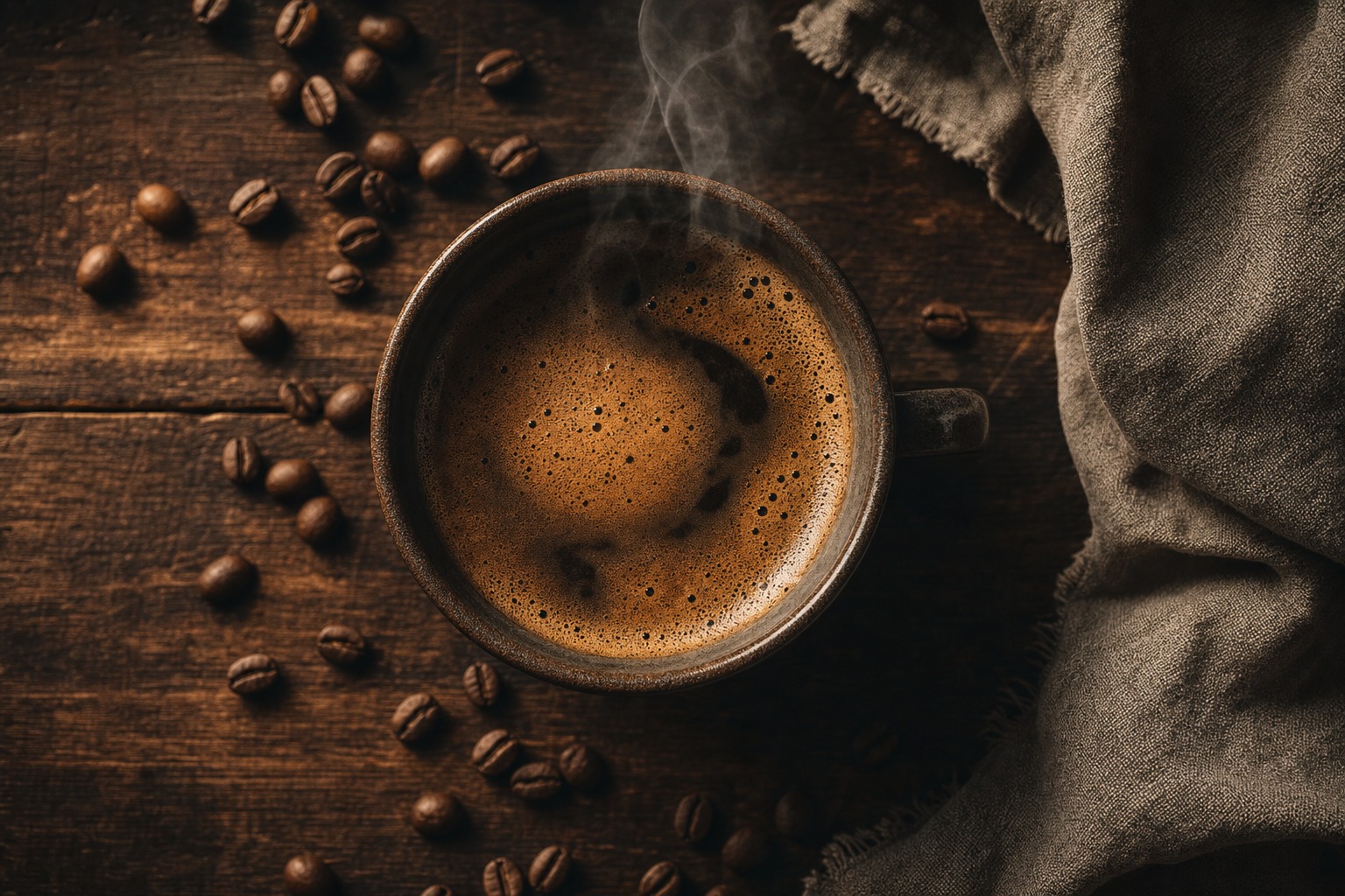 Steaming artisan coffee cup on a dark wooden table surrounded by coffee beans