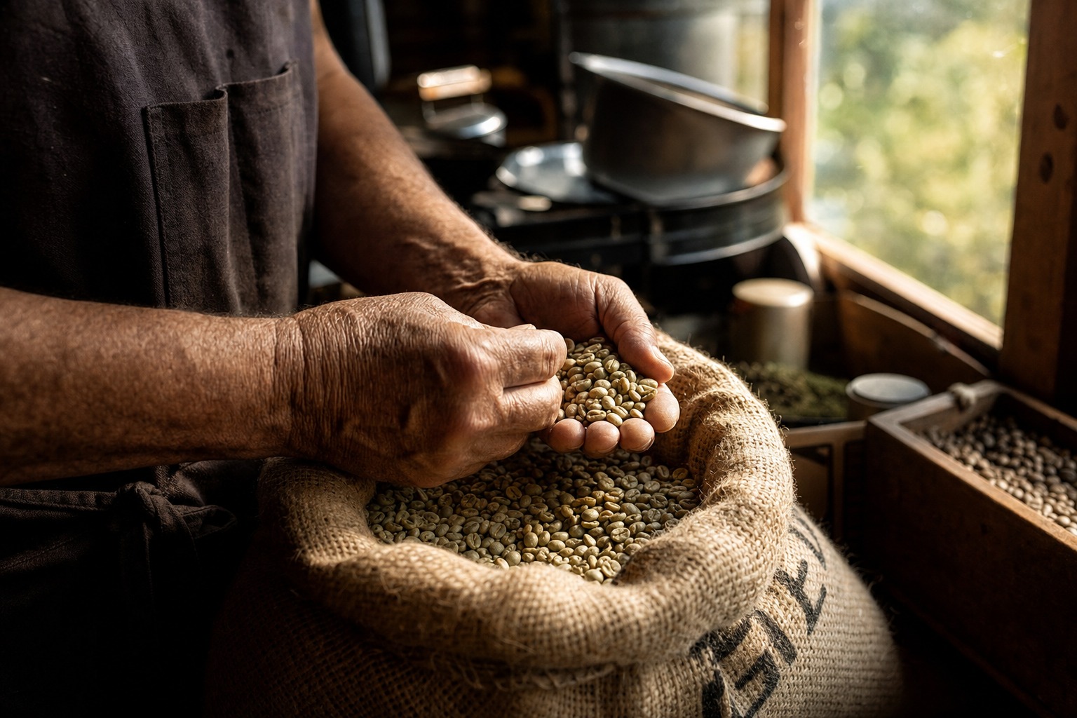 Hands carefully sorting coffee beans over a burlap sack in a warm roastery