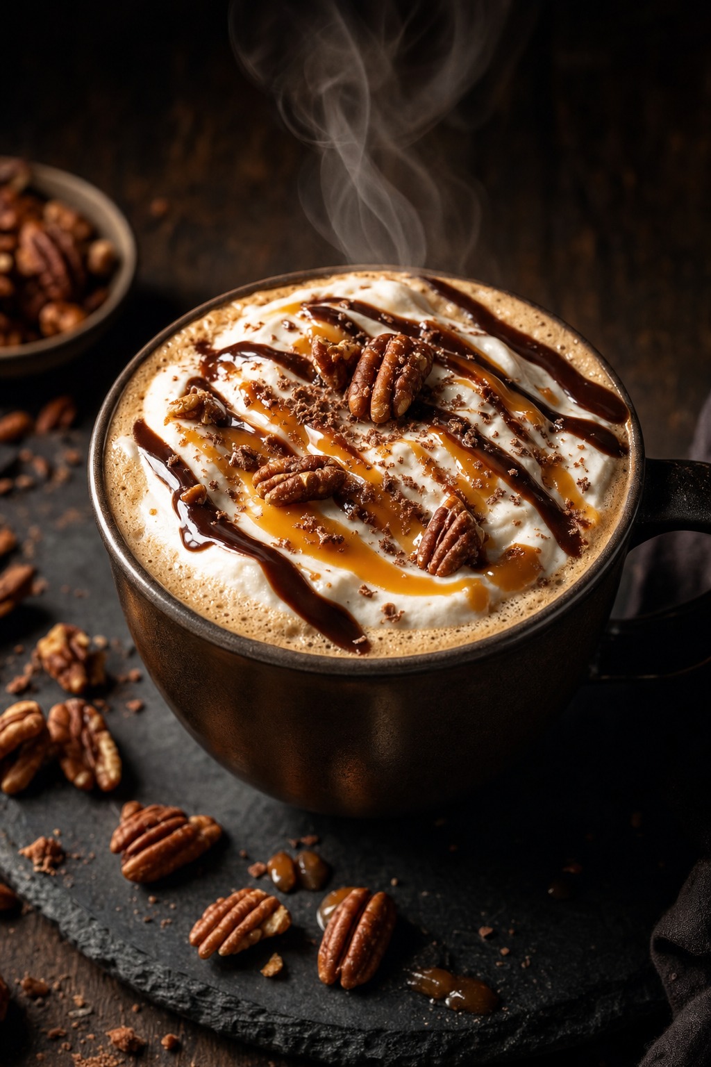 Turtle signature blend coffee with chocolate and caramel drizzle